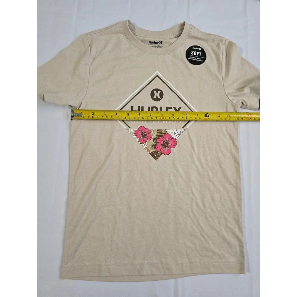 Hurley Boys Rattan Graphic T-Shirt Tan Hibiscus Logo Tee S 8-10 NWT